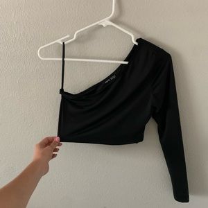 One shoulder long sleeve satin Crop Top